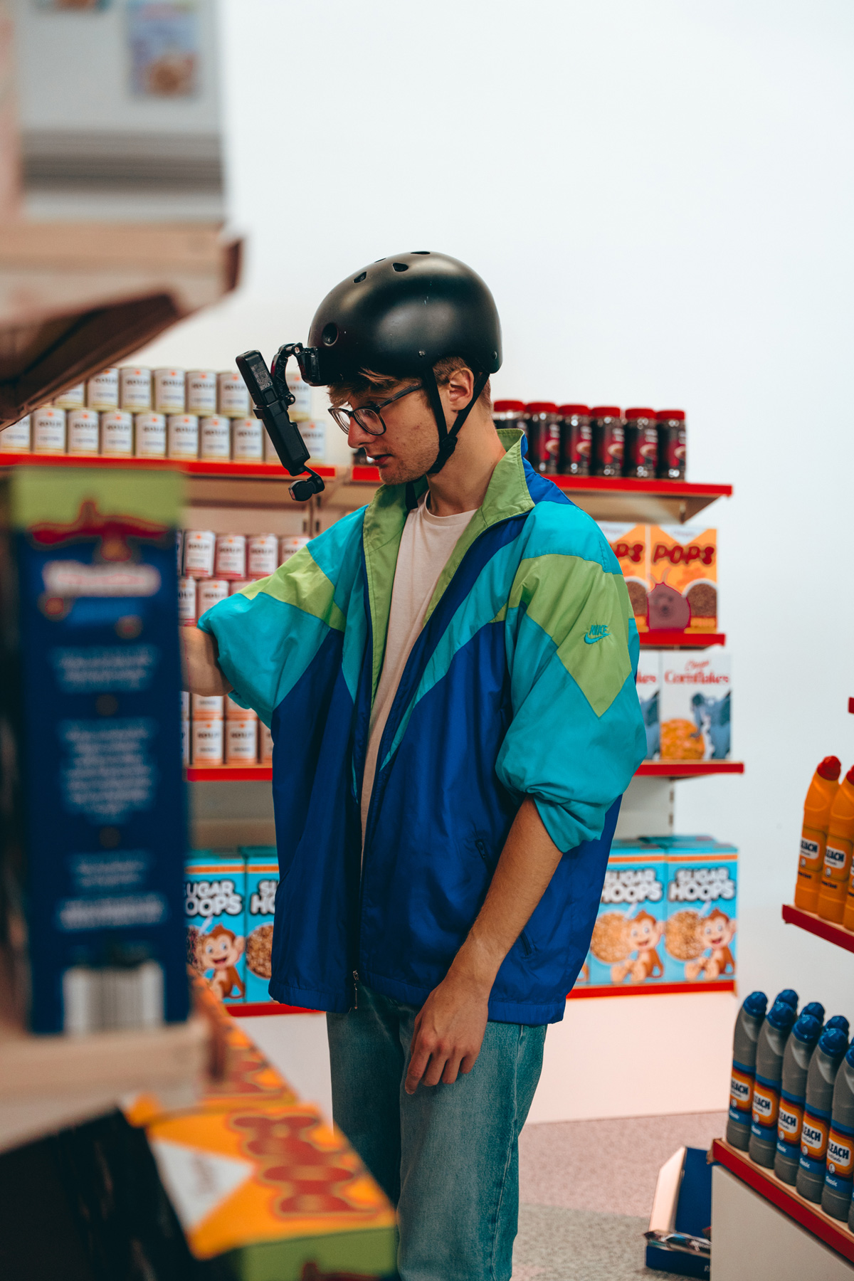Wearing the helmet-mounted camera rig on set