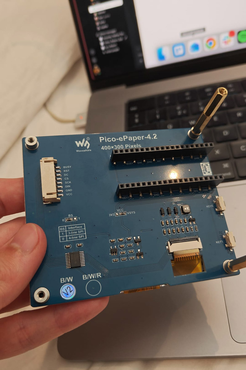 Back of the Waveshare Pico-ePaper-4.2 board with a Raspberry Pi Pico soldered on