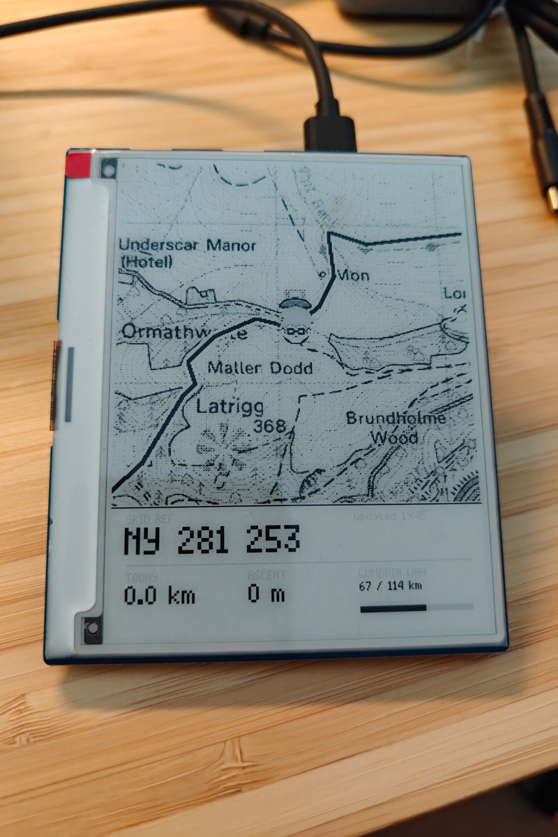 Device live and working, showing local position mid-hike