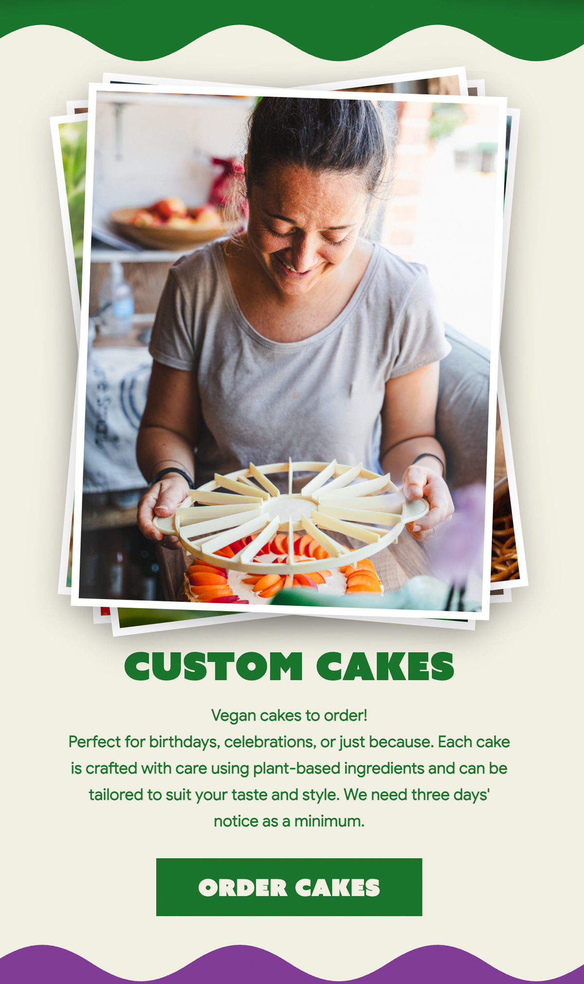 Custom cakes page, mobile