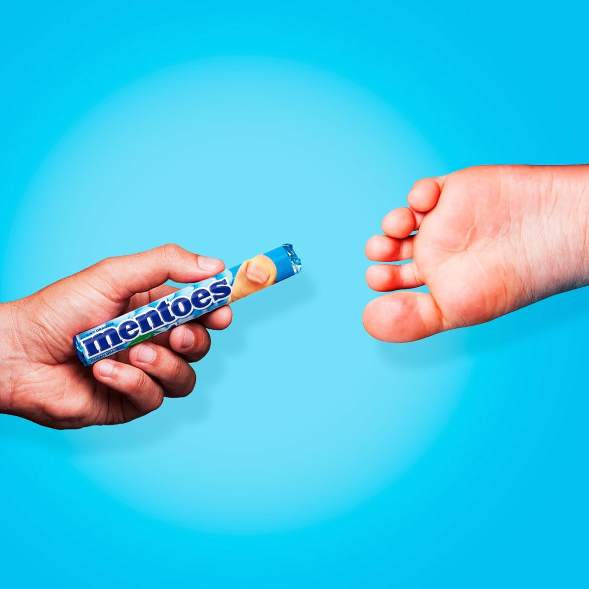 April Fools graphic — Mentos becomes Men and Toes
