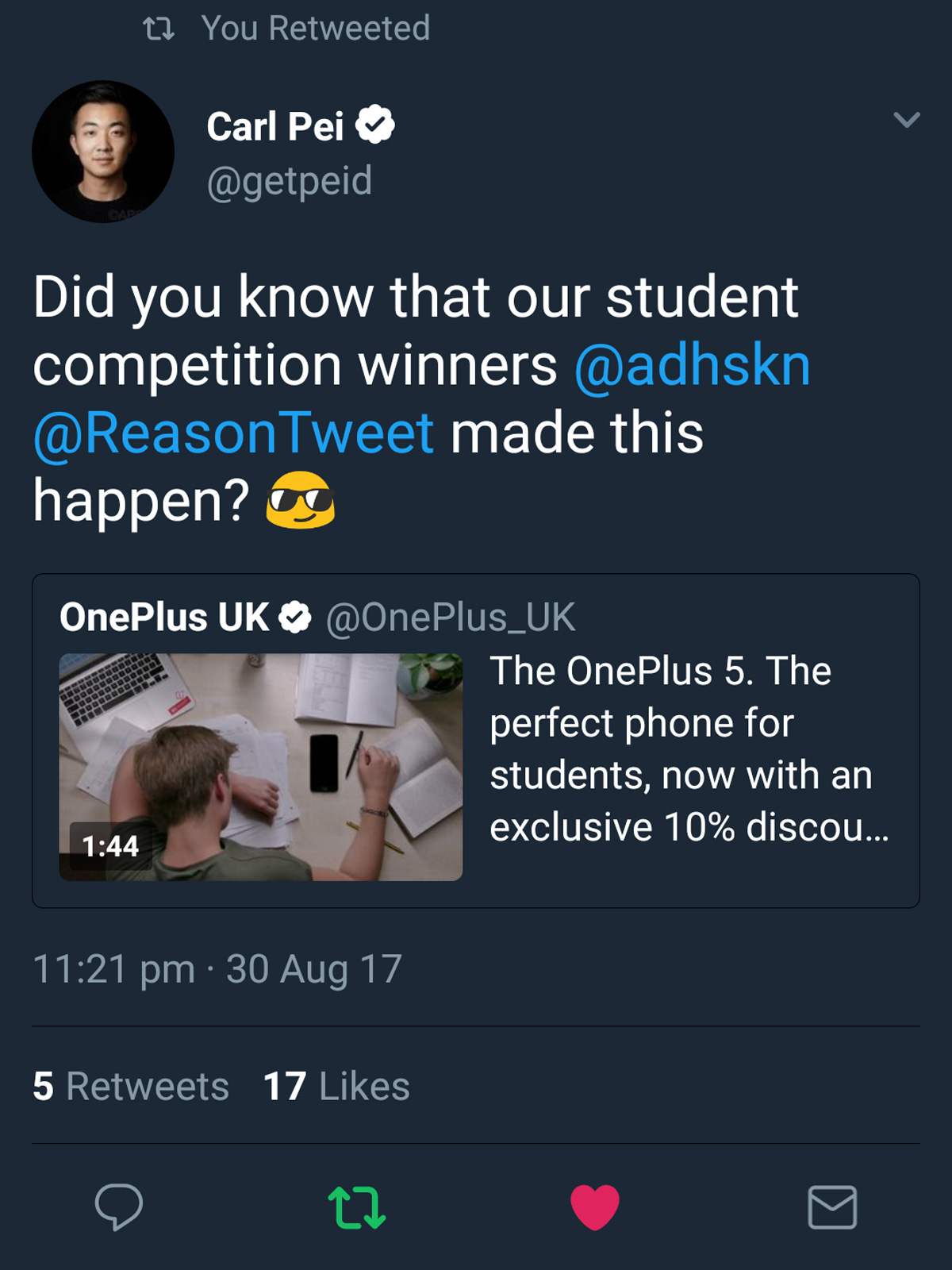 OnePlus founder Carl Pei's tweet crediting the team