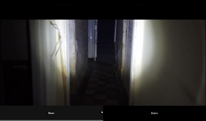 On-screen decision buttons appearing over hallway footage